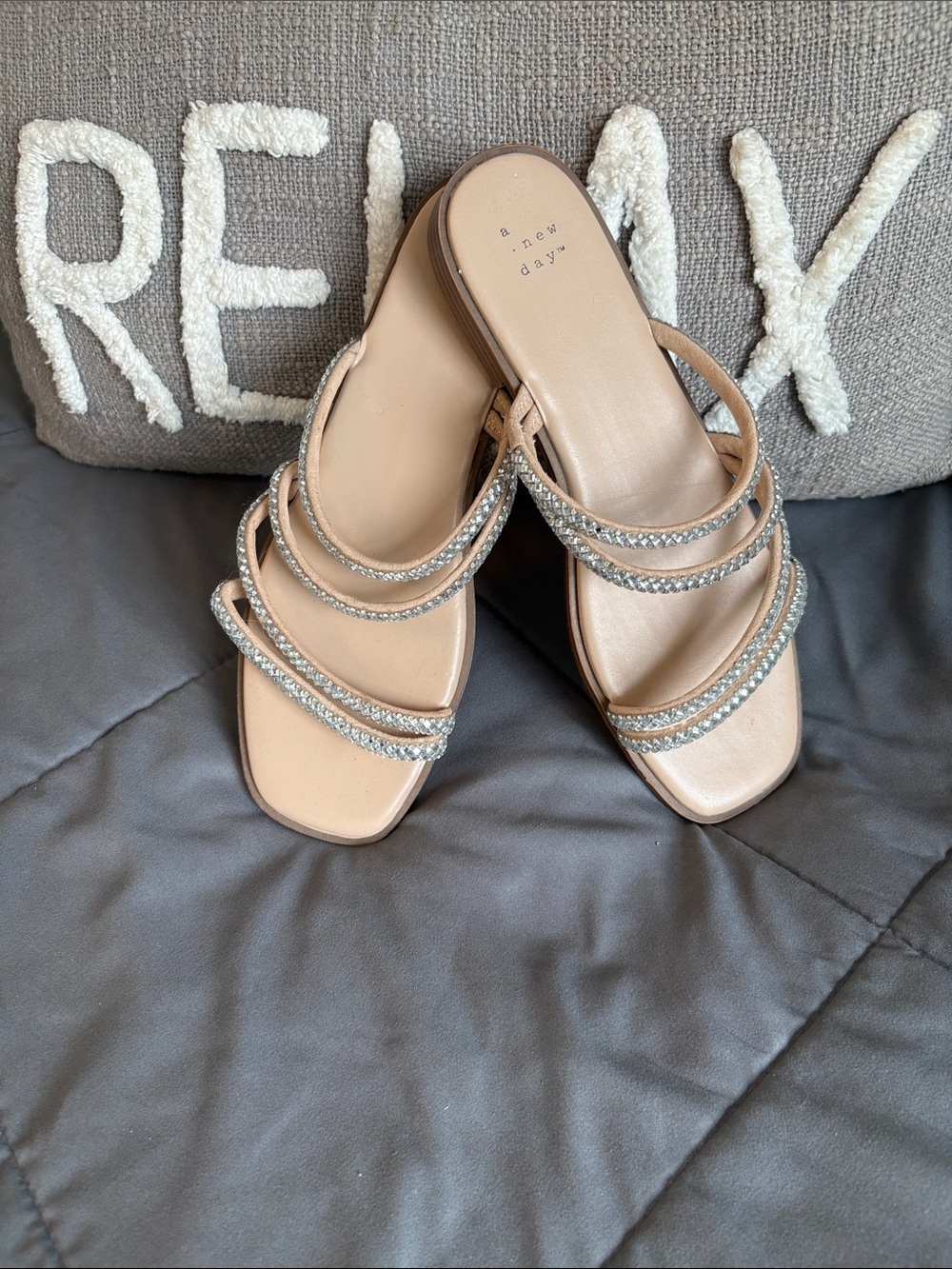 a new day Blush Nude Jeweled Strappy Slide Sandals 9 Rhinestone Jewel Flat